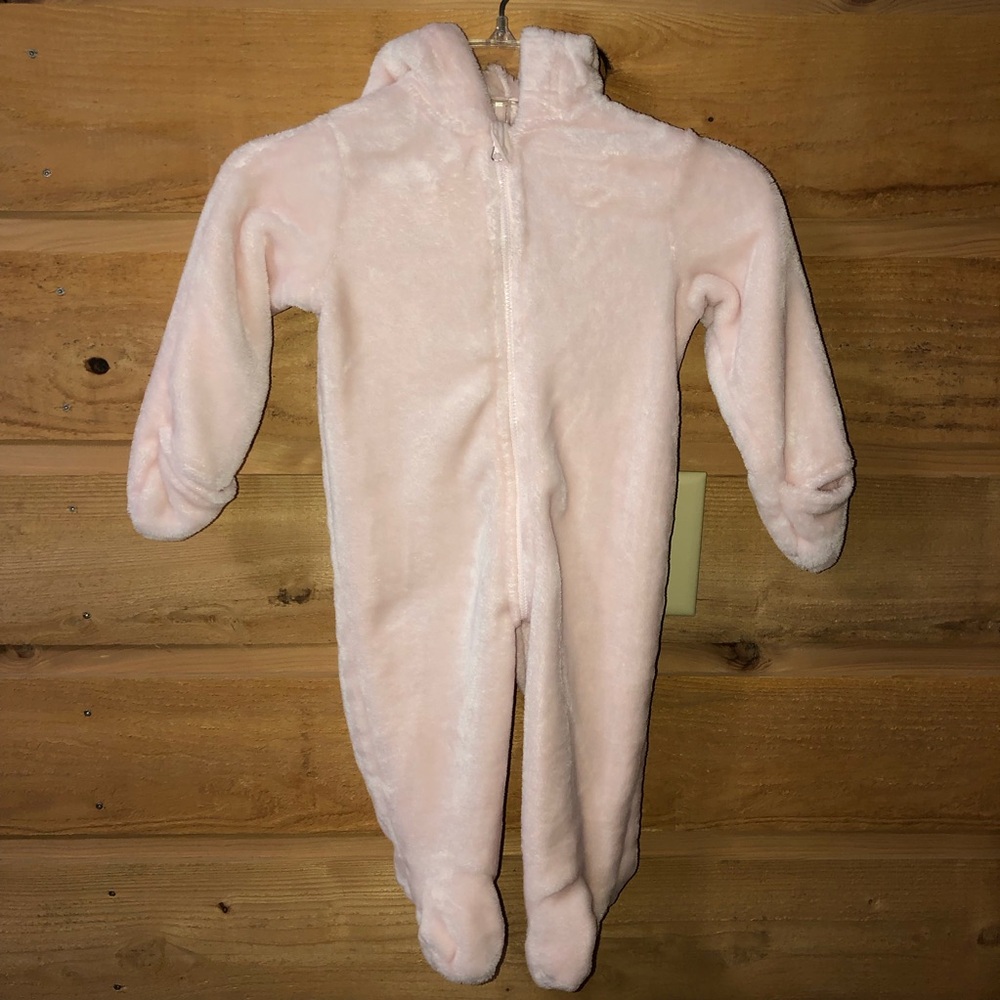First Impressions pink furry soft winter snowsuit with bear ears size 12 months